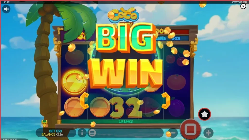 Tampilan layar permainan slot Coco Rush dengan simbol-simbol tropis dan fitur bonus.