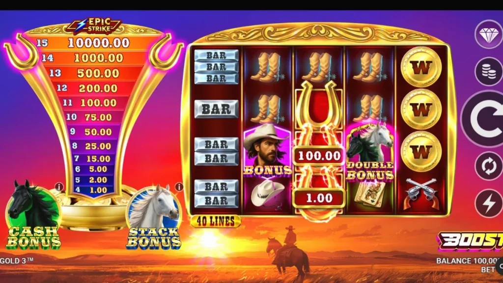 Tampilan visual slot Western Gold 3 dengan latar belakang ngarai dan simbol bertema Wild West.